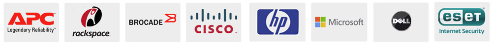 technology logos of eset, Dell, hp, cisco, brocade, rackspace, and APC.