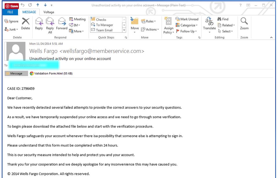 wells fargo phising email example